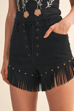 Black Suede Fringe Stud Front Lace Up Shorts