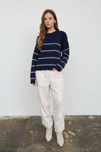 Navy Stripe Raw Crew Neck Long Sleeve Sweater