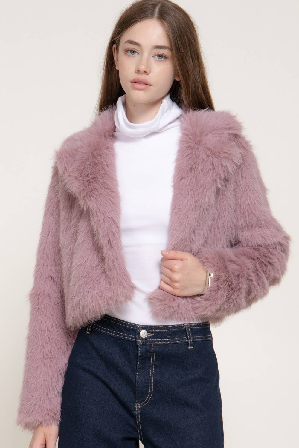 Mauve Long Sleeve Notched Collar Faux Fur Cropped Jacket