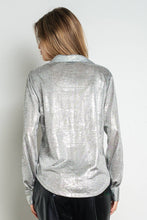 Grey Metallic Foil Knit Button Up Long Sleeve Shirt