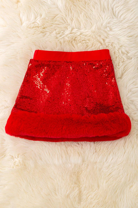 Red sequins Kids skirt with faux fur trim