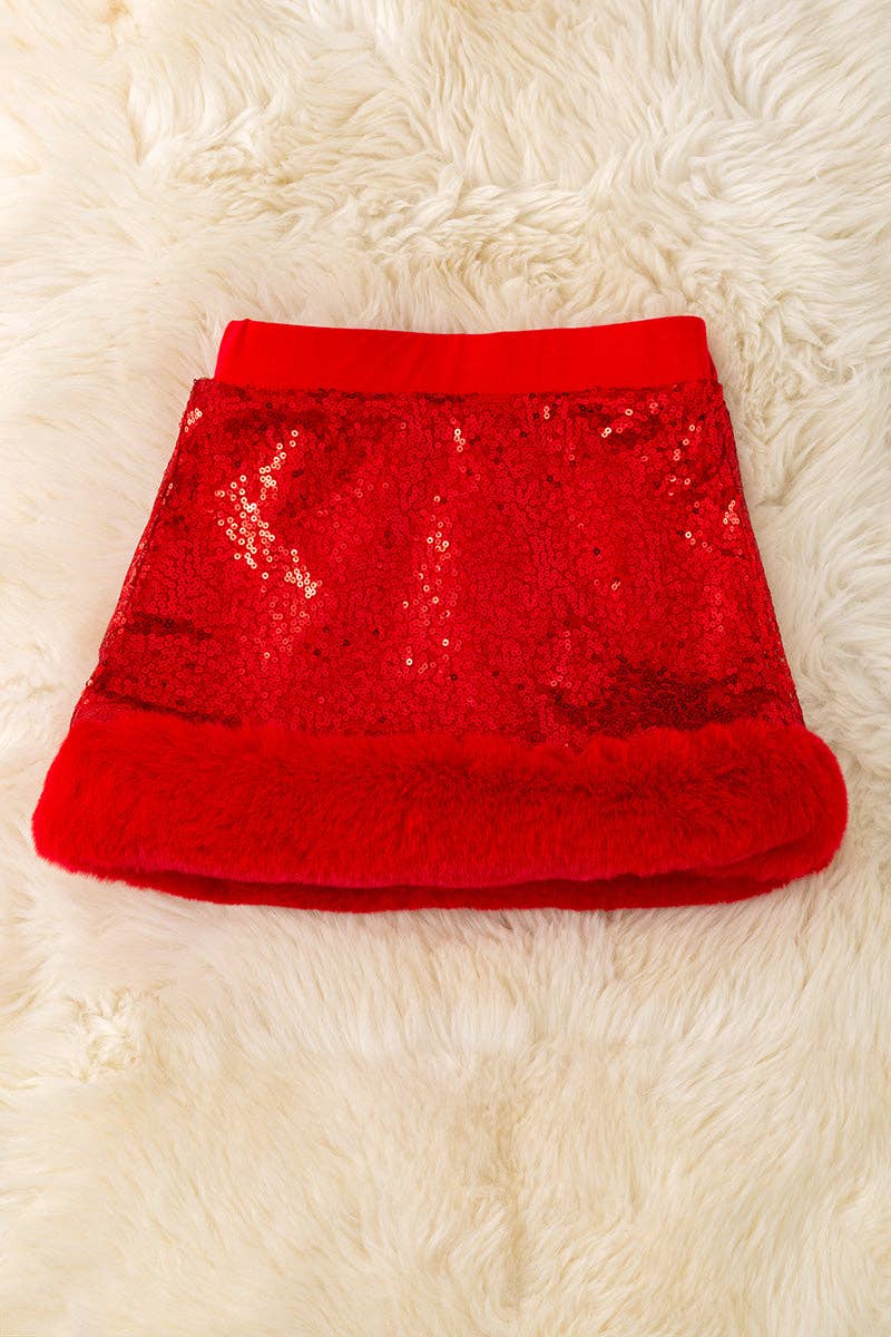 Red sequins Kids skirt with faux fur trim