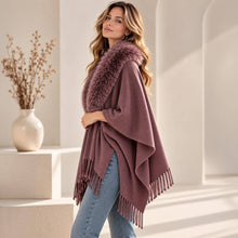 Grey Faux Fur Collar Trim Fringe Shawl Poncho