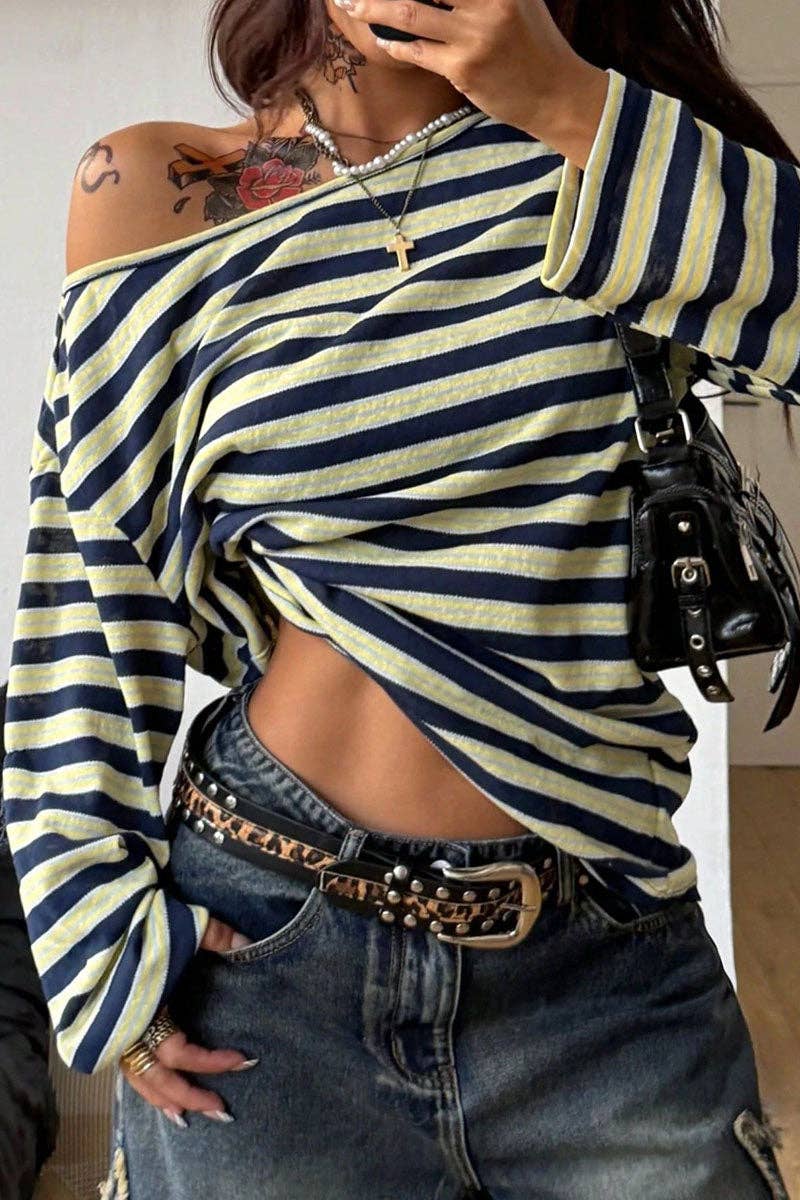 Green One-Shoulder Striped Top