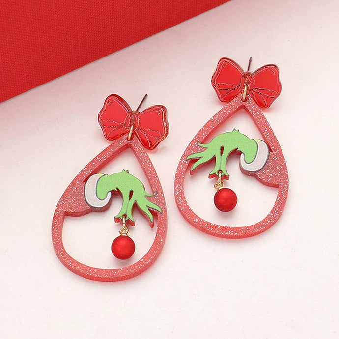 Glittered Resin Christmas Grinch  Hand Teardrop Dangle Earrings