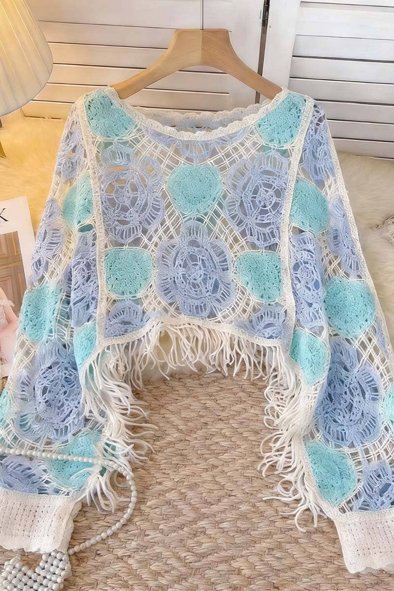 Blue Crochet Floral Fringe Knit Top