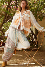 POL Taupe Long balloon sleeve flower detail button down shirt