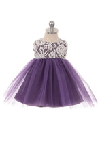 Purple Lace Illusion Baby Dress With 3 Mesh Flowers