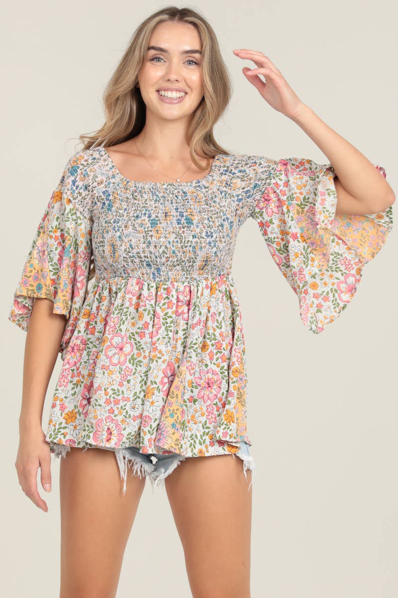 Twin Godet Smocked Off Shoulder Bell Sleeve Top