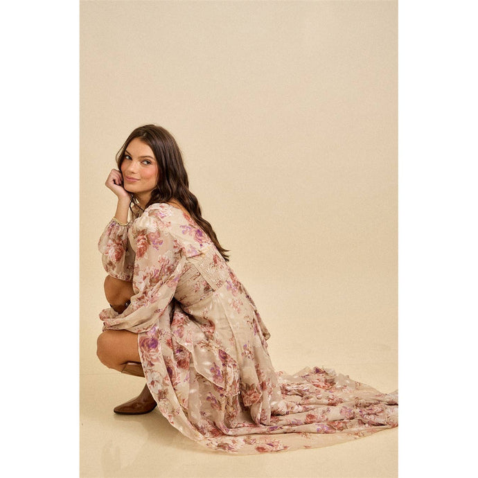 Beige Combo Spring Floral Chiffon Tiered High-Low Maxi Dress