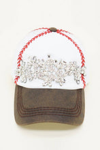 White Tan Baseball Themed Floral Vine Glitz Cap, Adjustable: