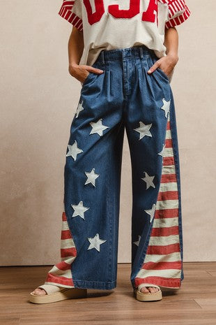 Denim Red Stripes Vintage Washed American Flag Star Patches Bibi Pants 5/28/25 9936