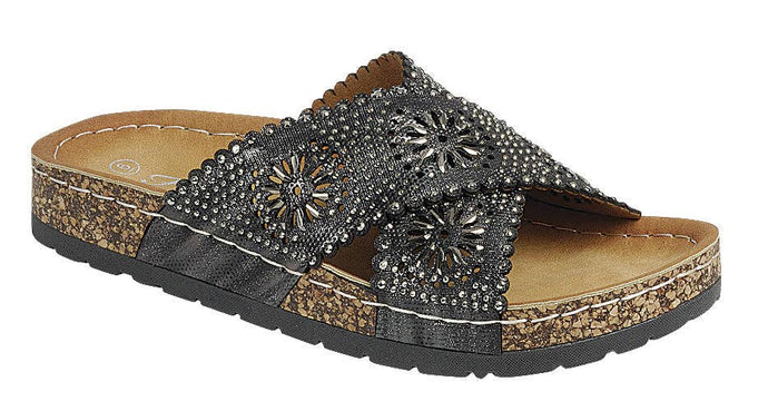 Black Rhinestone Band Cork Sole Flat Sandal