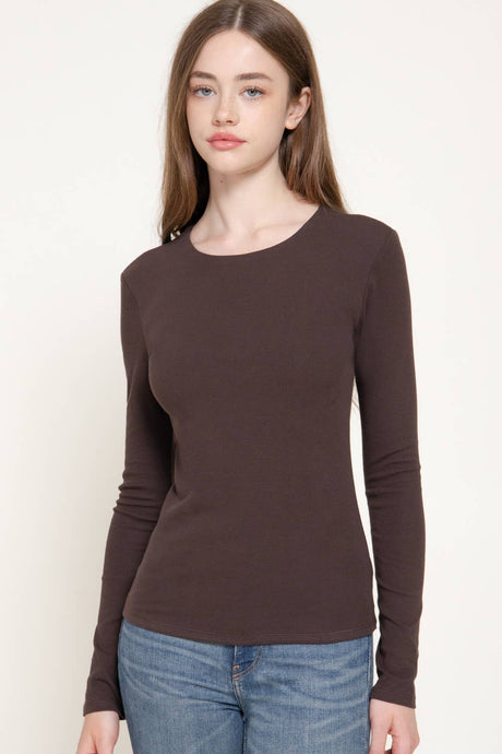 Chocolate Long Sleeve Round Neck Rib Knit Top