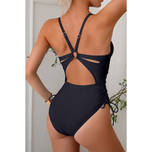 Black Solid Deep V Neck Drawstring Cross Back Swimsuit