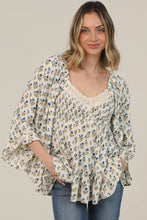 Ivory V Neck Smocked Bust Lace Trim Wide Bell Sleeve Blouse
