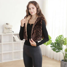 Dark Brown Faux Fur Leopard Print Hooded Zipper Front Crop Vest