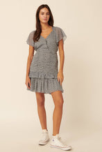 Faded Denim Floral Surplice Butterfly Tiered Ruched Mini Dress