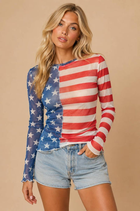 Stars and stripes Colorblock Mesh Long Sleeve Top