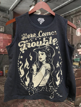 Vintage Black Here Comes Trouble  Muscle Crop Top