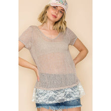 Taupe Semi V Neck Short Sleeve Knit Top with Laces