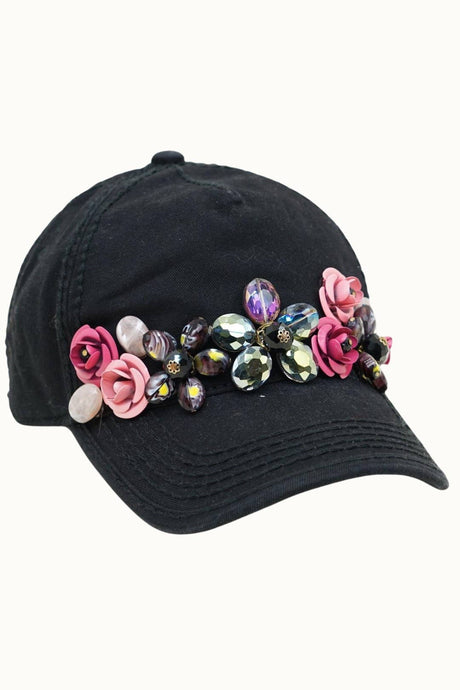 Black Floral Bouquet Bejeweled Bling Glitz Cap, Adjustable,