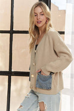 Beige Buttons Striped Denim Pockets Cardigan