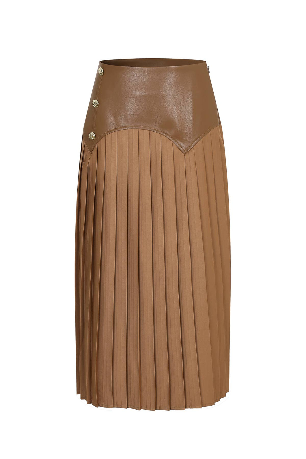 Brown Faux Leather Pleated Midi Skirt