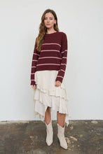 Red Wood Stripe Raw Crew Neck Long Sleeve Sweater