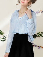 Blue White Striped Button Down Long Sleeve Collared Shirts