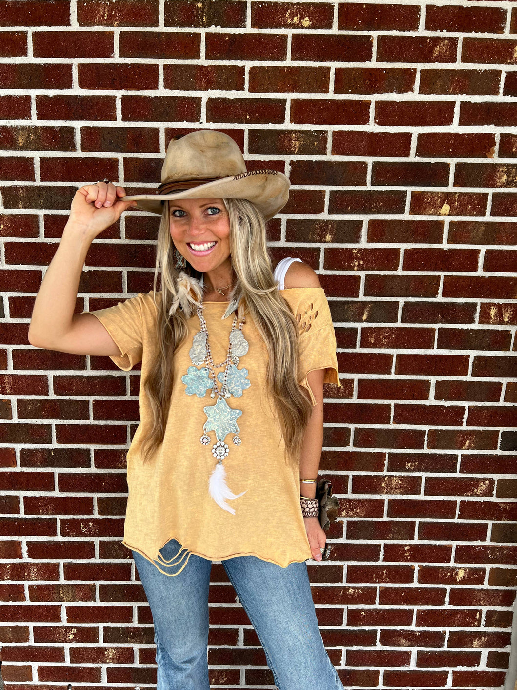 Mustard Washed Distressed Ripped Rare Bird Shirt