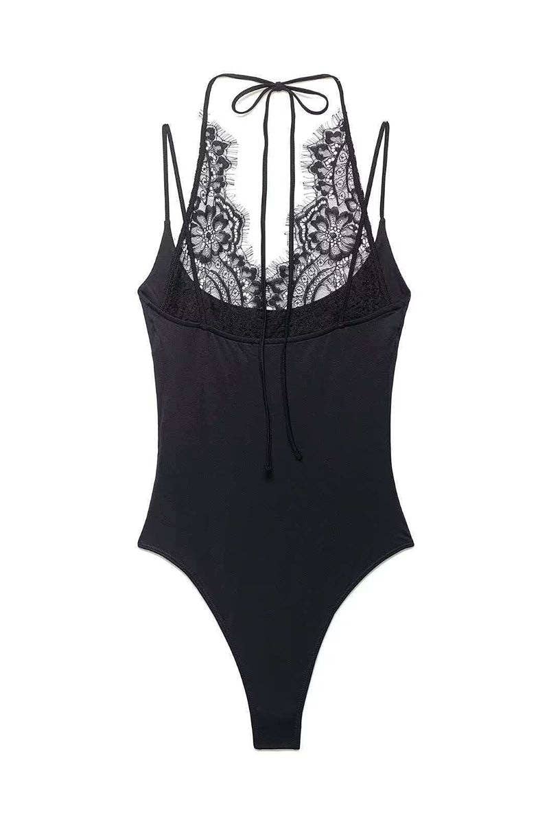 Black Elegant Lace Backless Bodysuit