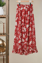 Red Printed Wide-Leg Pants with Ruffle Hem