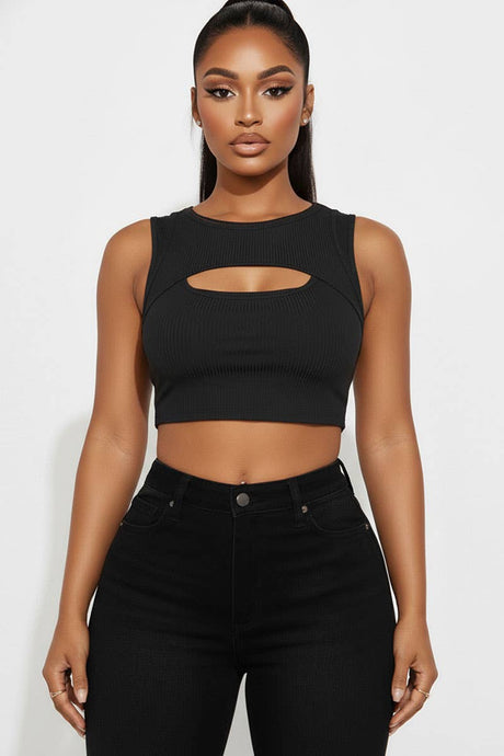 Black Ribbed Cut Out Front Crop Top