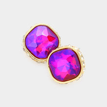 Siam Rhinestone Trimmed Square Stone Evening Stud Earrings
