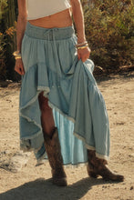 Light Chambray Tencel Denim High-Low Tiered Ruffle Maxi Skirt