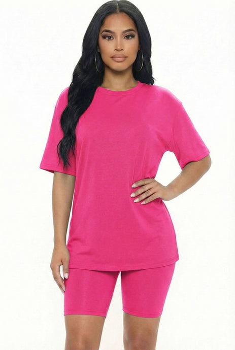 Fuchsia Loose Fit Top & Bike Shorts Set