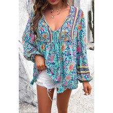 Blue All Over Floral Print Cross Deep V Boho Top