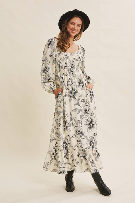 Cream Charcoal Cozy Fall Picnic Floral Smocked Maxi Dress
