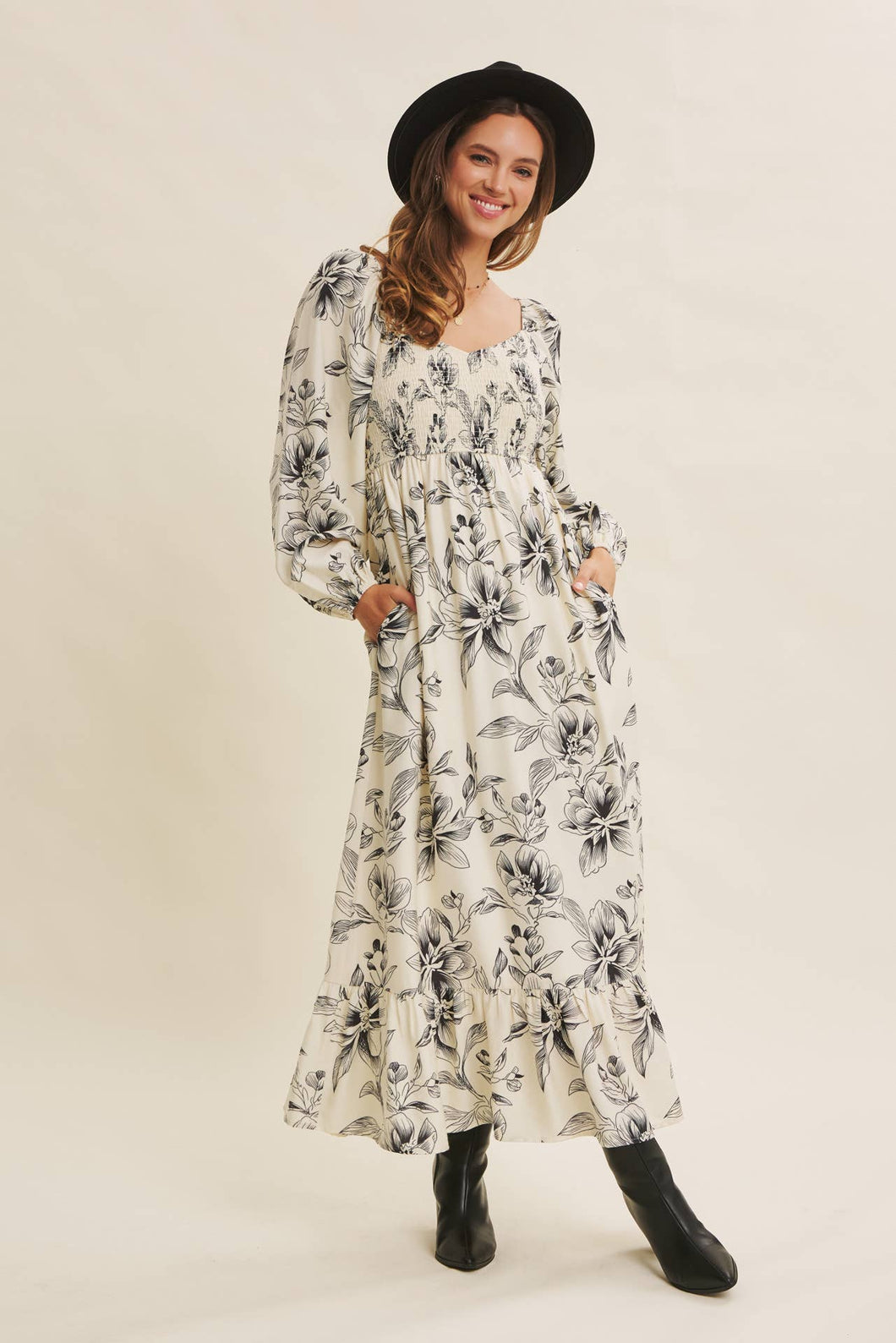 Cream Charcoal Cozy Fall Picnic Floral Smocked Maxi Dress