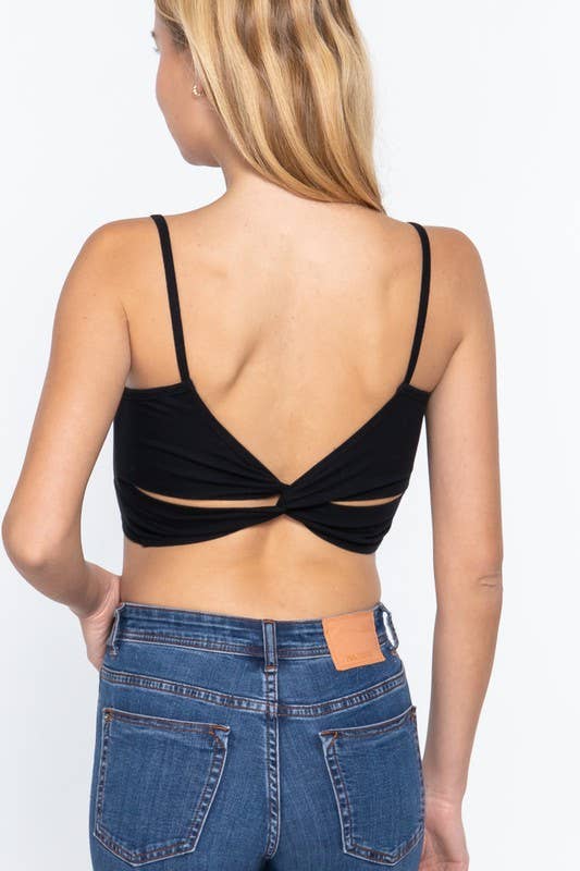 Black Round Neck Removable Bra Cup Twisted Back Cami Top