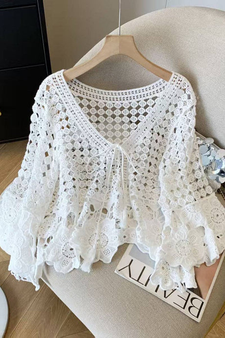 White Crochet Open-Front Cardigan