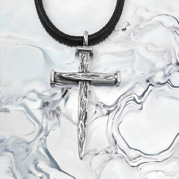 Large Antique Silver Finish Nail Cross Pendant Necklace