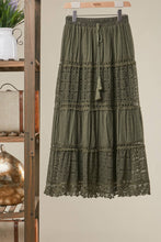 Olive Elastic Waist Maxi Mello Skirt with Lace Trim