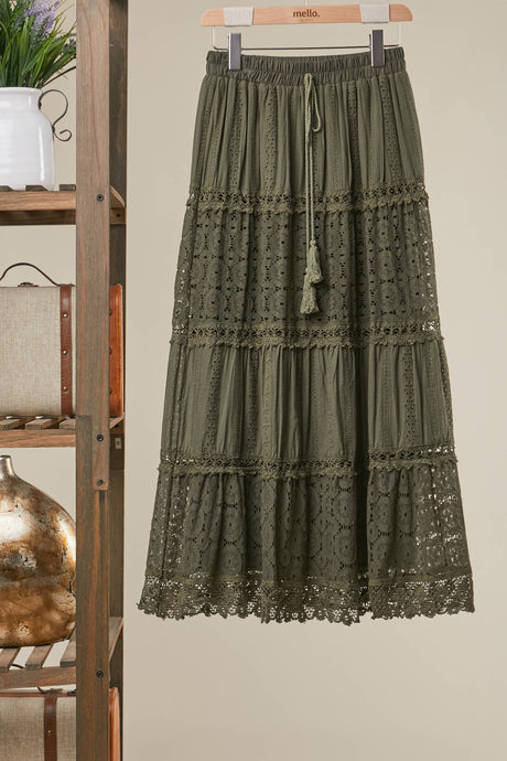 Olive Elastic Waist Maxi Mello Skirt with Lace Trim