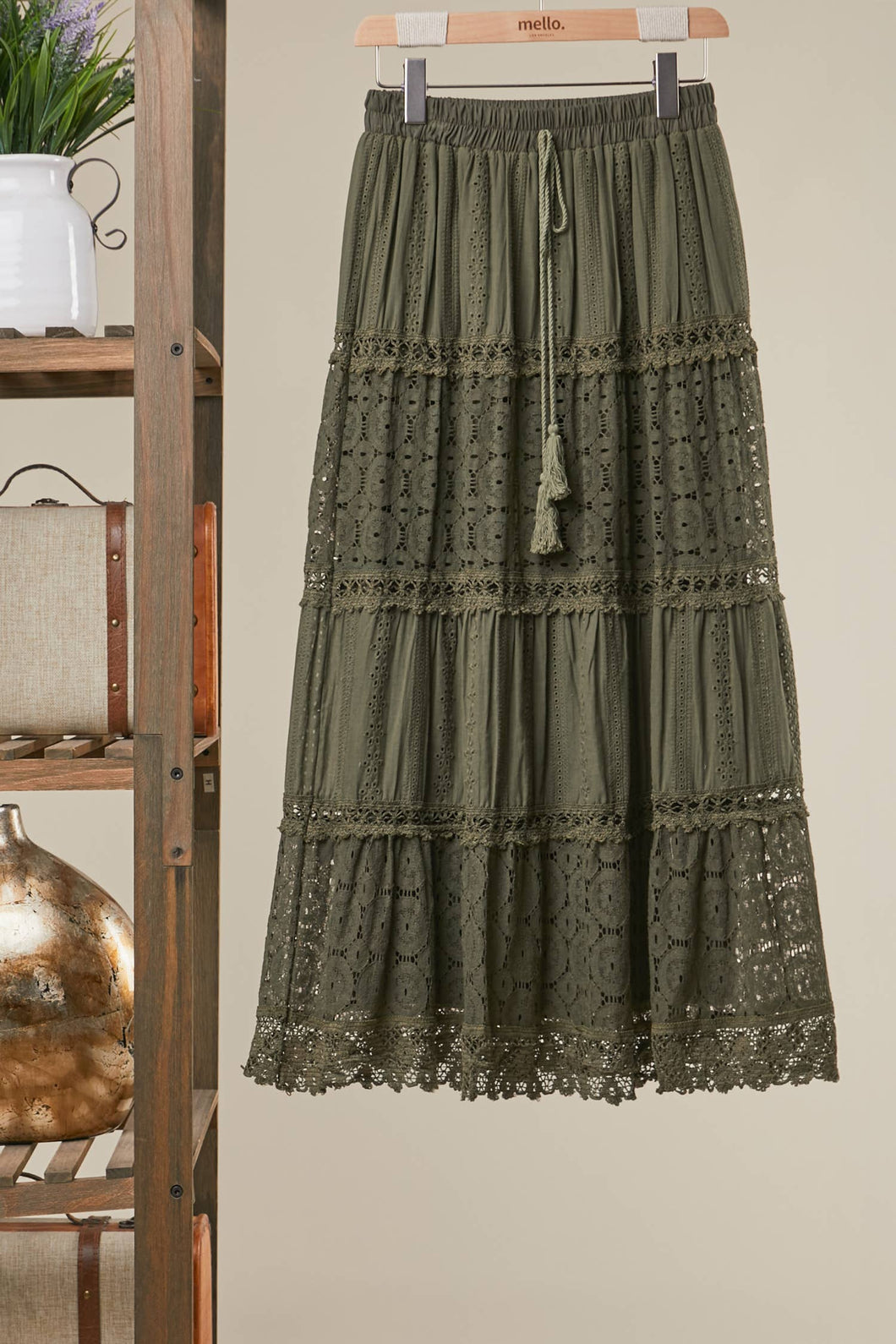 Olive Elastic Waist Maxi Mello Skirt with Lace Trim