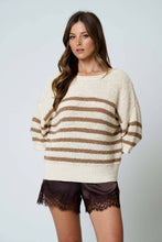 STRIPE TEXTURED KNIT HALF SLEEVE KNIT SWEATER (PRE-ORDER): NAVY
