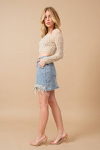 Medium Wash Stretch Denim Embellished Pearl Fringe Mini Skirt