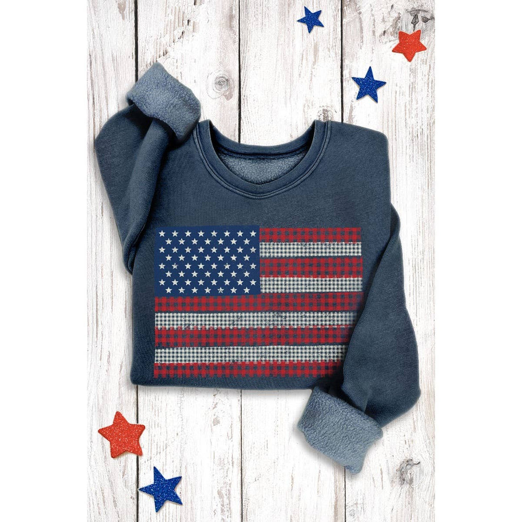 Mineral Navy Checked American Flag Graphic Sweatshirt