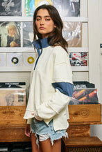 Cream Washed Blue Color-Block Snap-Neck Sweatshirt